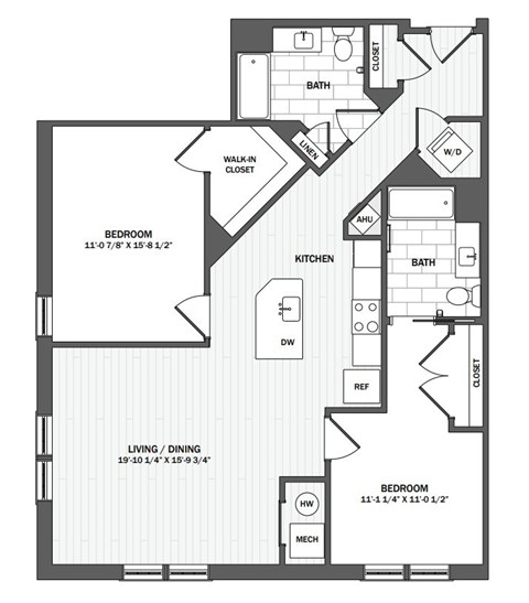 Floor plan for 2 beds, 2 baths, 1190 sqft